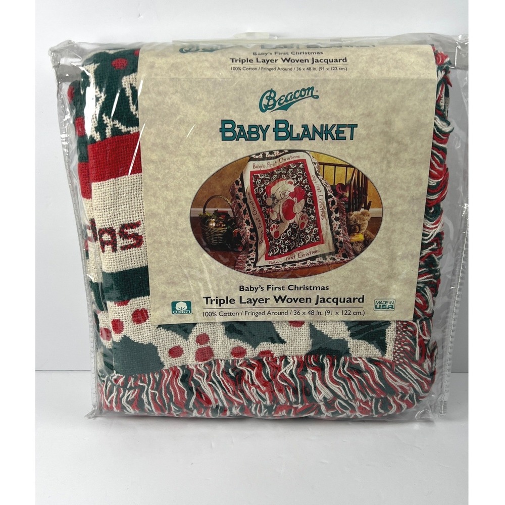 Beacon Baby Blanket 36x48 Red Green NEW‎ First Christmas Woven Jacquard Throw